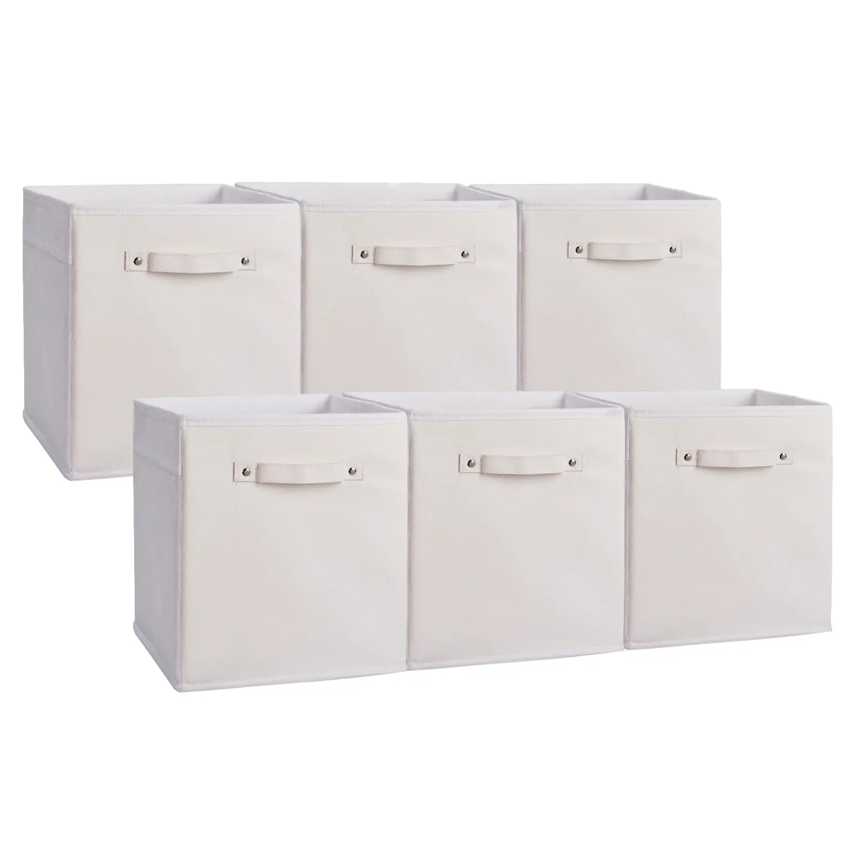 6-Pack 11 Inch Fabric Storage Bins with Faux Leather Handles, Foldable Cube Organizer Baskets for Shelves and Closet, Collapsible Storage Boxes for Clothes Toys,White