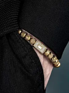 Vintage Stainless Steel Beaded Zircon Crown Bracelet, Adjustable Casual Men's Party Wristband, Chain Print, All Seasons