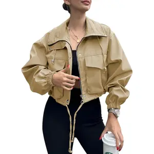 Imily Bela Womens Cropped Jacket Zip Up Lightweight Oversized Utility Anorak Coat with Pockets