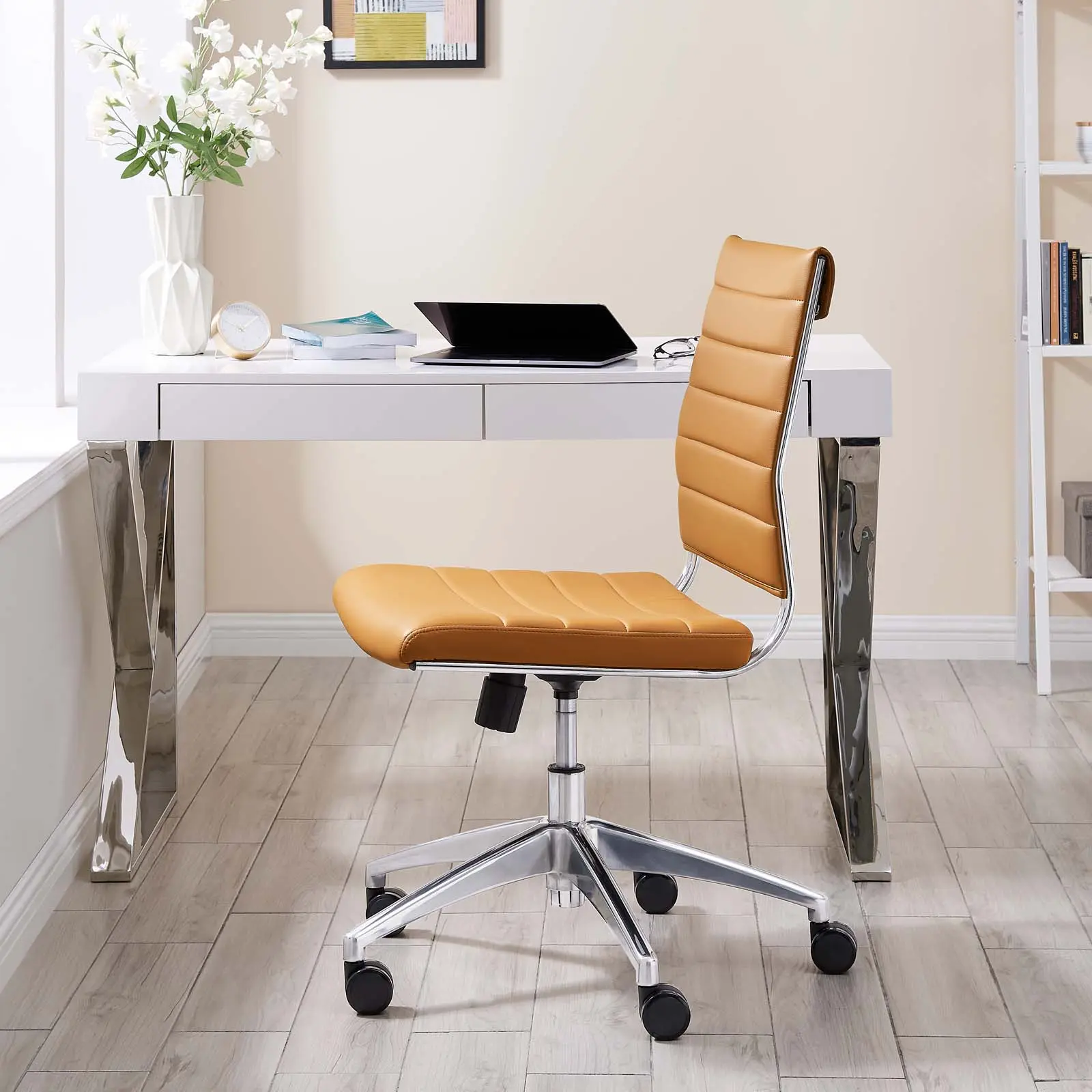 Modway Jive Armless Mid-Back Ergonomic Computer Chair, 360-Degree Swivel Desk Chair for Office Use, Tan Commercial Office Furniture, Ergonomic Chair