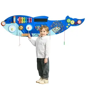 Kids Wall Busy Board - 12-Activity Hanging Panels, Montessori Multi-Sensory Early Education Toy for Toddlers 3-12, Animal-Theme Musical Dinosaur Spinning Toy with Lights, Colorful Dancing Baby Headphones for Interactive Playtime