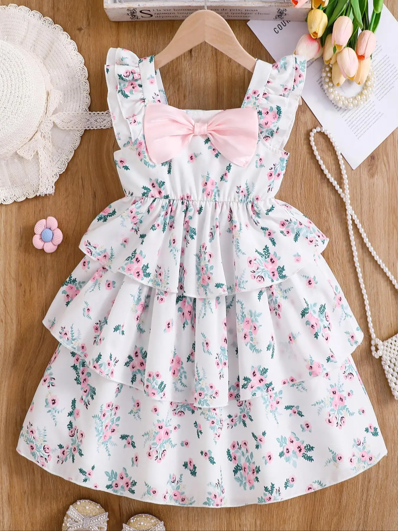 Girl's Ditsy Floral Print Bow Decor Tiered Layer Dress, Cute Square Neck Sleeveless A Line Dress for Summer, Kids Clothes for Daily Wear