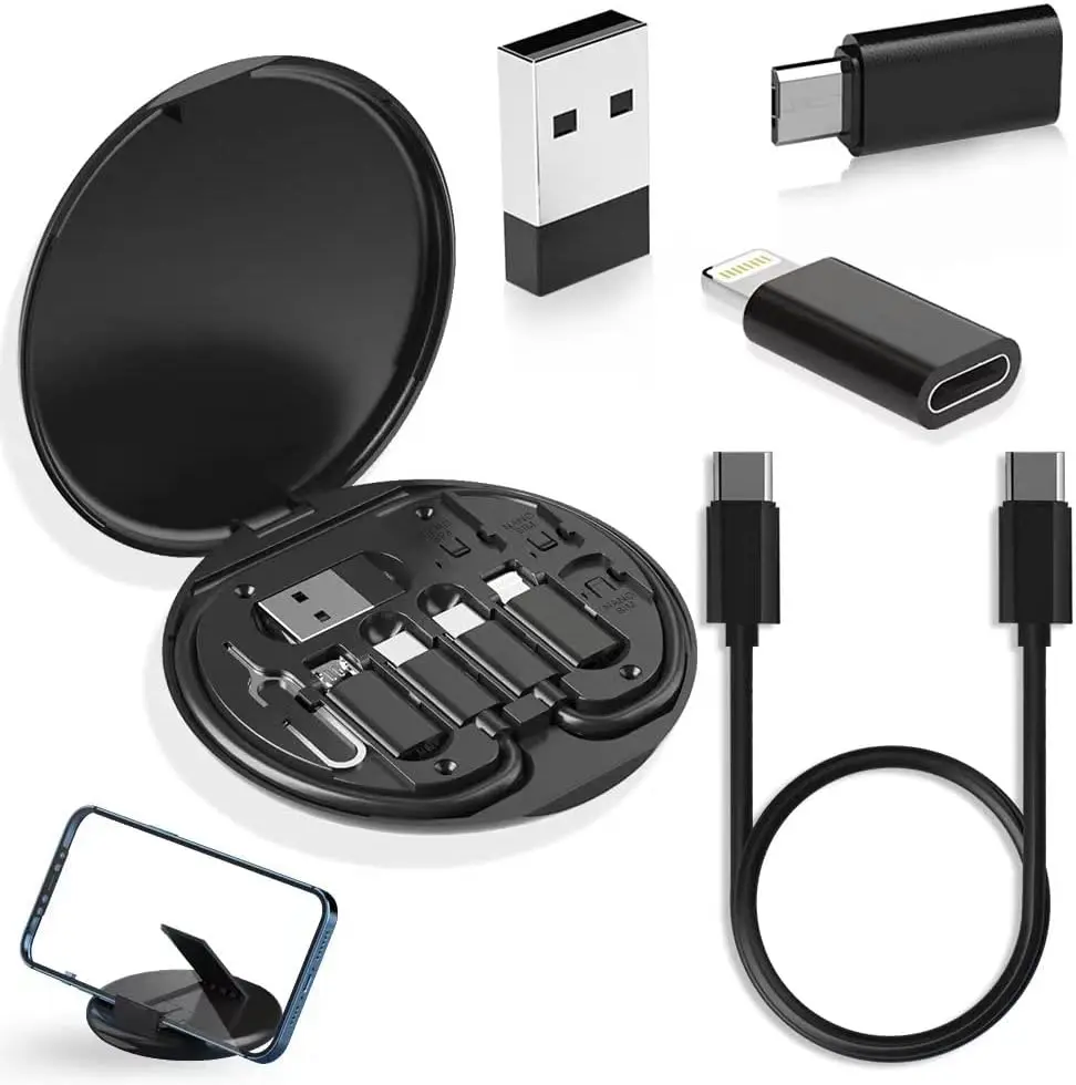 Multi-Function Charging Accessory Kit - Micro USB Cable, USB-C to Lightning Adapter, Storage Box with SIM Card Holder, Charger for Smartphone, Cellphone, Tablet, Electronic Devices