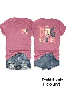 Dog Groomer Pattern T-Shirt, Fun Paw Prints and Bone Design, Casual Round Neck Top for Pet Lovers, Comfort Fit