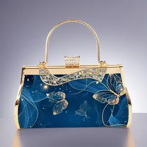 Elegant Blue Butterfly Floral Print Evening Purse with Golden Accents - Luxurious Handbag with Chain Strap, Perfect for Weddings, Parties, And Formal Events, Ideal Gift for Women'S Day And Mother'S Day, Formal Evening Bag|Butterfly Print Purse|Chain Strap