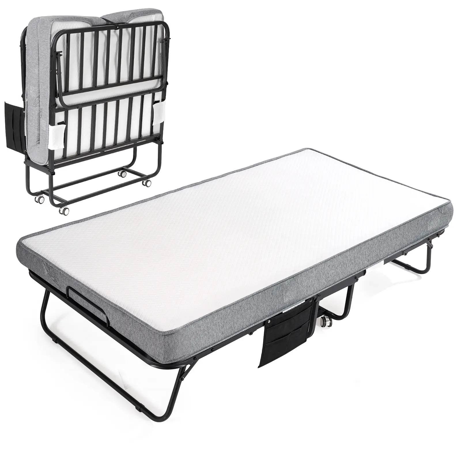 Folding Bed with Mattress, Foldable Portable Bed with 75” x 38" Twin Size Frame, Side Pocket and Transport Wheels Easy Storage for Home Office Visit the BODIOO Store