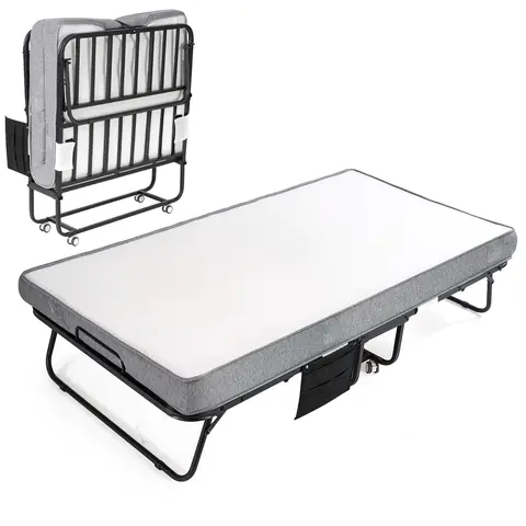 BODIOO Collapsible Framed Folding Cot, Twin Size 75"x38" High-Strength Support Tubes Steel Frame, Breathable Knitted Cotton Cover, High-Resilience Compressed Foam Mattress, Side Pocket, Transport Wheels for Camping, Easy Storage (55lbs Capacity)