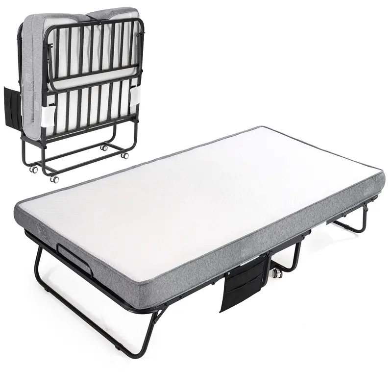 BODIOO Collapsible Framed Folding Cot, Twin Size 75"x38" High-Strength Support Tubes Steel Frame, Breathable Knitted Cotton Cover, High-Resilience Compressed Foam Mattress, Side Pocket, Transport Wheels for Camping, Easy Storage (55lbs Capacity)