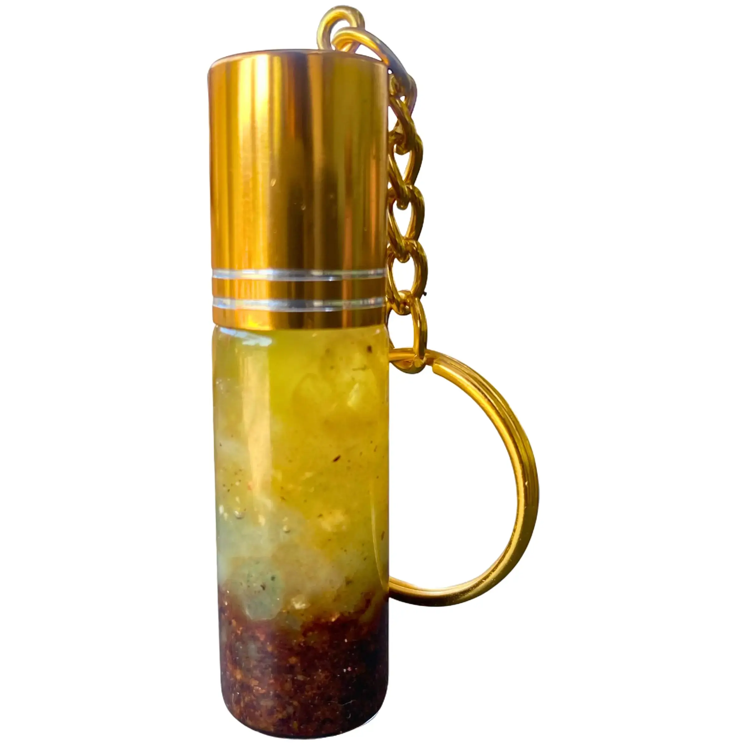 Nibiru Beauty LLC Round Money Keychain - Abundance Charm for Wealth Attraction, Morning Routine Casual Use, with Citrine, Aventurine, Cork, Ground Nutmeg Aromatherapy Roll-On Oil, Frankincense Resin, 0.63in (W) x 2.3in (H) Attachment, Glass