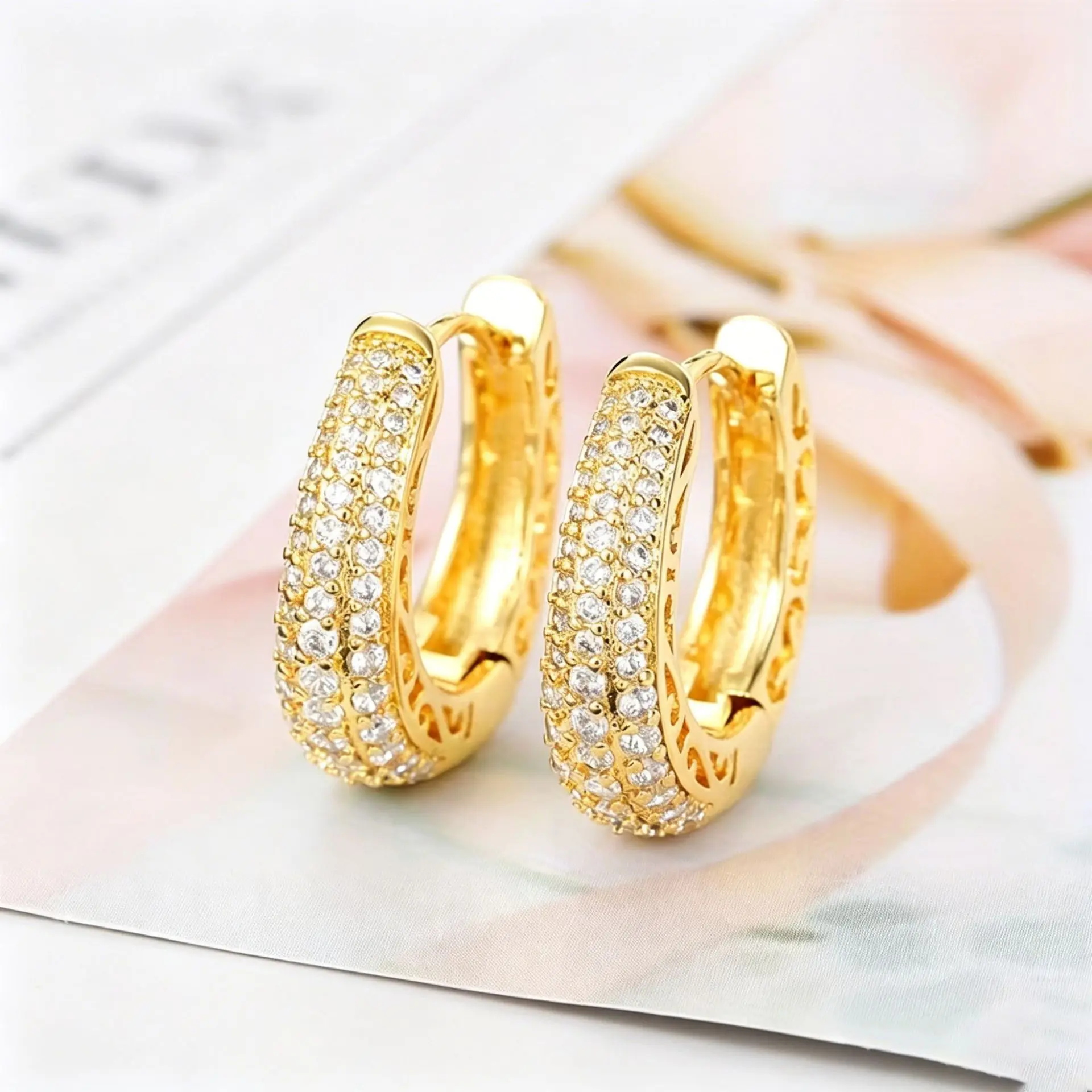 Women's Elegant Copper Hoop Huggie Earrings - Set of 2 Casual Costume Jewelry with Sparkling Rhinestones, Unisex Daily Fashion Accessory
