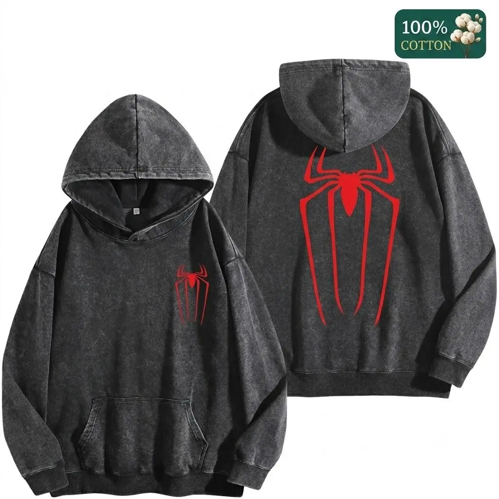 Retro Spider Web Matching Spidey Washed Hoodie, Halloween Ghost Costume Graphic Tee, Boyfriend Girlfriend Cute Matching Outfits, Oversized Superhero Graphic Streetwear Top