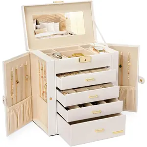 Synthetic Leather Huge  Box Mirrored Watch Organizer Necklace Ring Earring Storage Lockable  Case (White + )