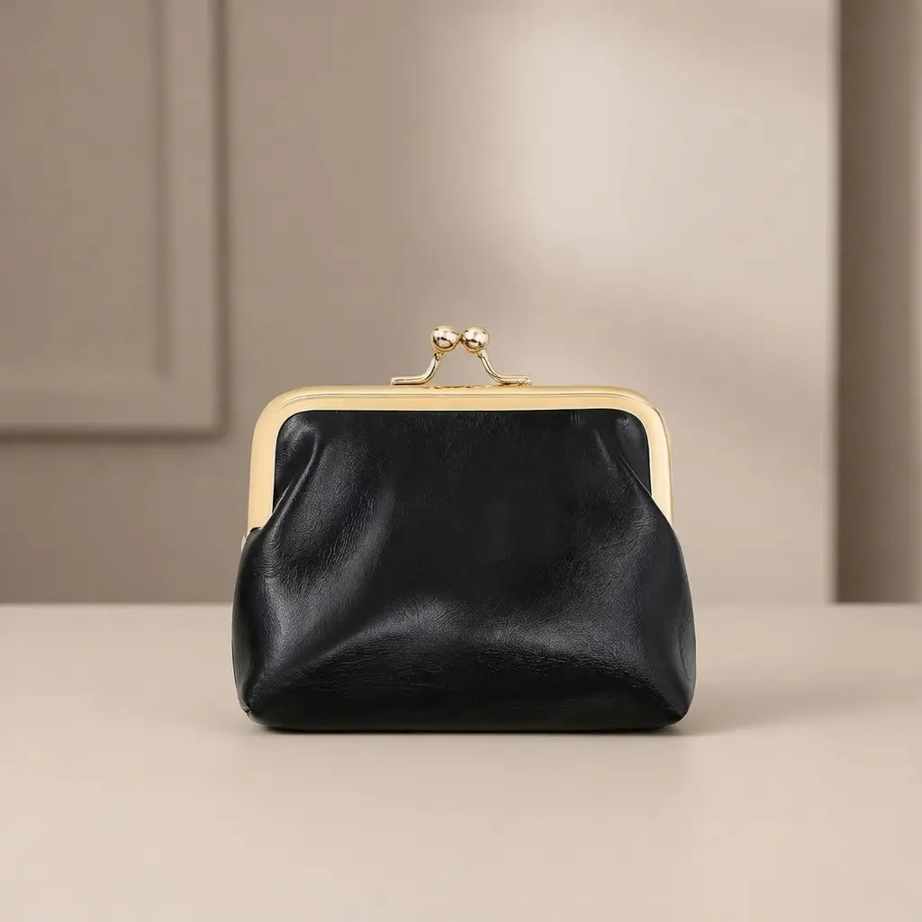 Mini Coin Purse Trending Womens Vintage PU Leather Rectangle Kiss Lock Pocket Sized Solid Color Small Change Pouch Black Daily Carry Accessory