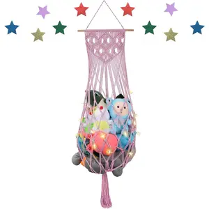 Stuffed Animal Hammock Corner 63 Inch Jumbo Macrame Ceiling Toys Net Light Pink Wall Hanging Organizer Holder Plush Storage Display Net with Led Light for Nursery Playroom Kid Room Decor Gift