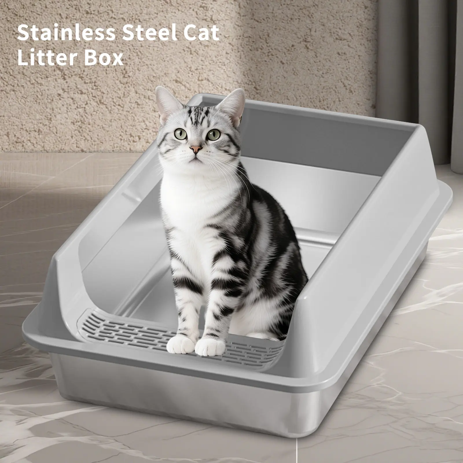 TikTok-Favorite High Sided Stainless Steel Cat Litter Box - Odorless, Mess-Free, No Stuck Waste Pet Litter Tray, High Sided Litterbox