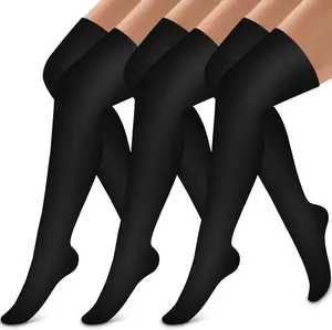 Marathon Wide-Calf, Black on Black，Thigh High Compression Socks for Women and Men Circulation(3 Pairs) Over the Knee-Best Support for Running,Travel