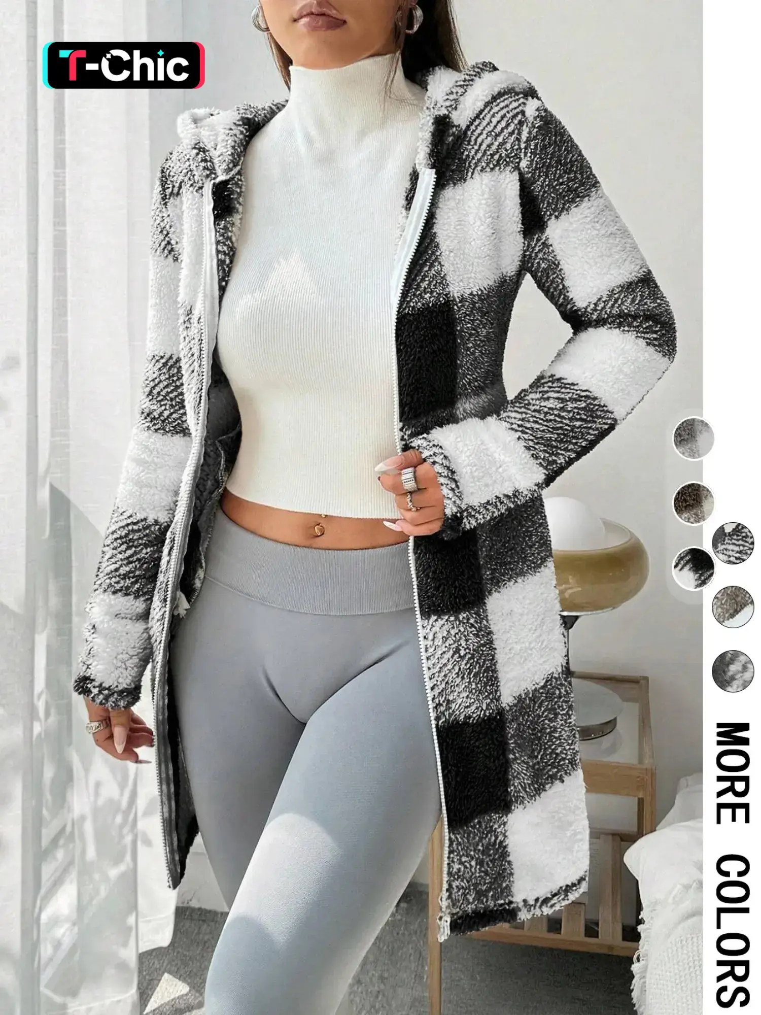 Women's Plaid Fleece Hooded Coat, Casual, Fitted, Soft Fluffy Fleece Fabric & Full Zip Closure & Hooded Design & Mid-Length Silhouette & Multiple Color Options，Valentine，1pc, Jackets, Fashion Casual Outerwear, Outerwear, Womenswear