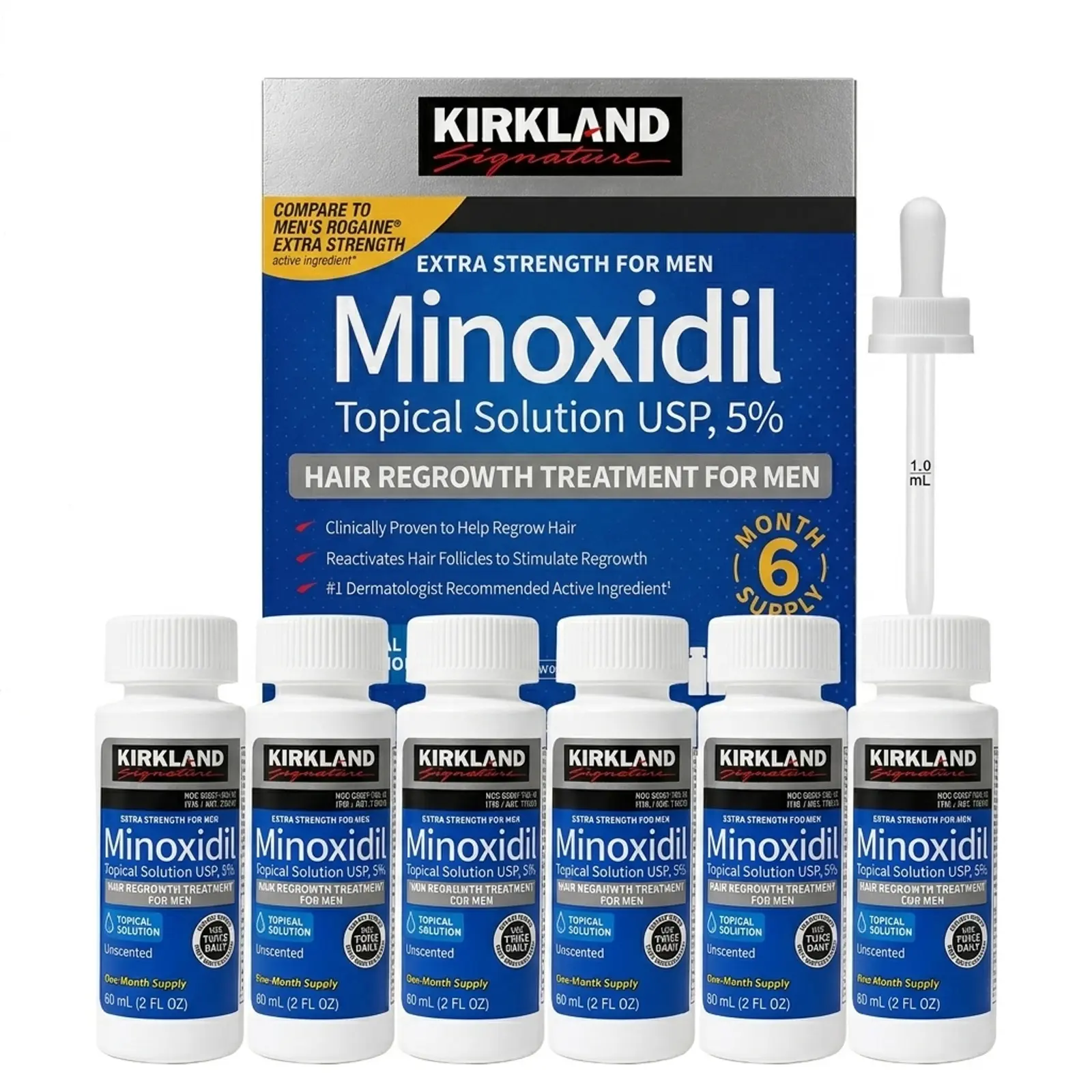 Kirkland 5% Minoxidil Topical Solution Universal Kit for Men, 6 Months Supply - Includes Precision Dropper Applicator for Daily Beauty, Grooming & Personal Care Routine