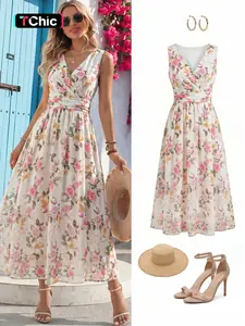 Elegant Women's Dress, V-Neck Sleeveless Waist Cinched, Oversized Skirt, Vacation Dress, Stylish and Comfortable, Perfect for Special Occasions