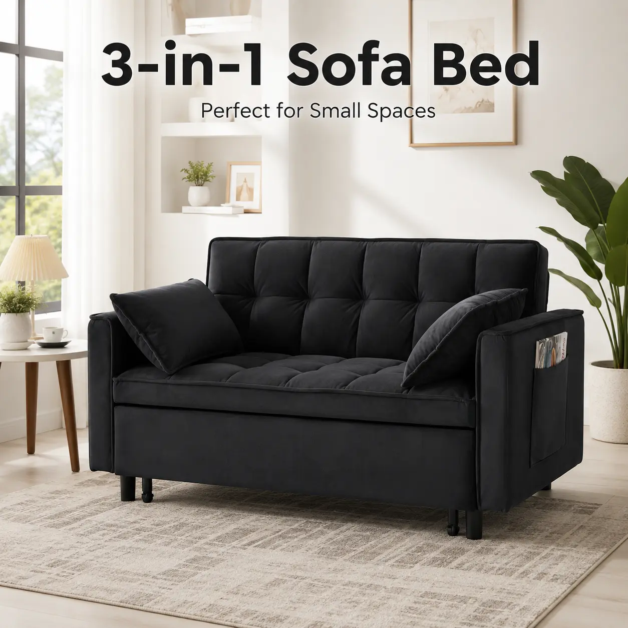 Large Size Convertible Sleeper Sofa Bed, 3-in-1 Velvet Loveseat with Adjustable Backrest & Storage Pocket and Pillow, for Small Spaces, Apartment, Living Room, Office