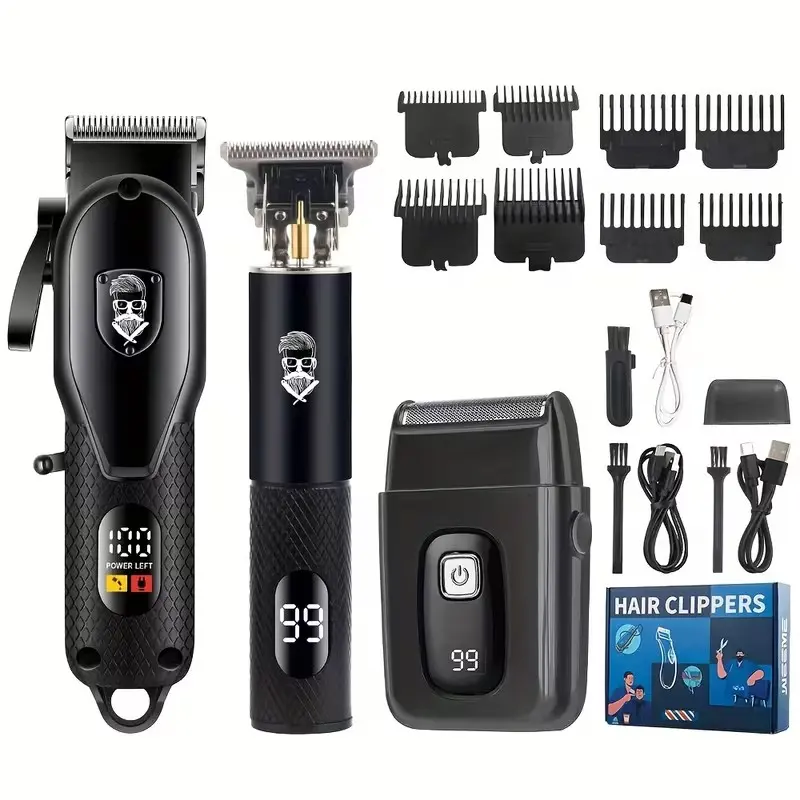 Men's Grooming Shaving Set, Multifunctional Clippers Trimmer Multigroomer 3 In 1 Hair Trimmer Electric Shaver Detail Trimmer Black Hair Clipper With Lcd Display Usb Rechargeable Multiple Guide Combs With Cleaning Brush Perfect Father'S Day Gift