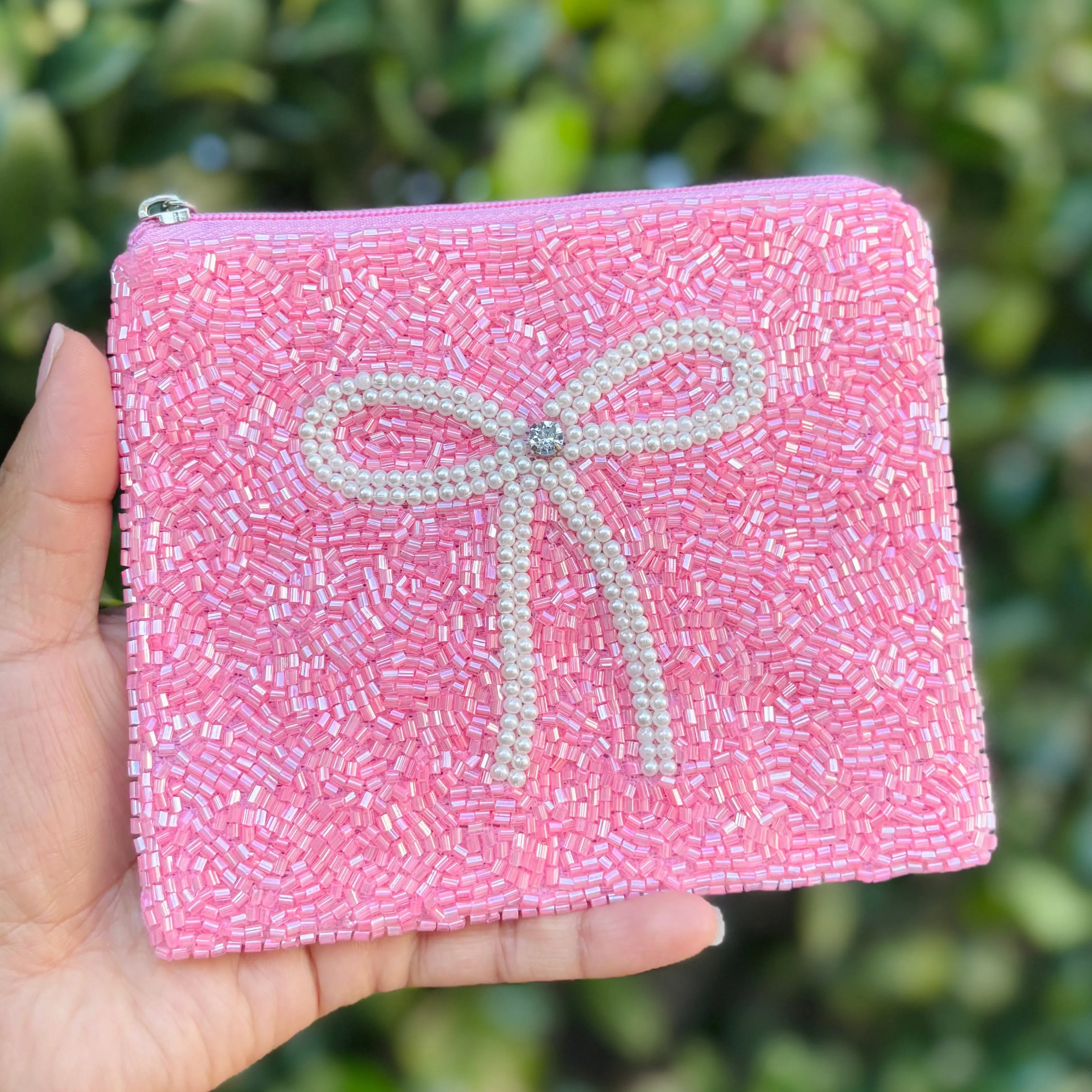 White Bow Beaded Pouch Purse