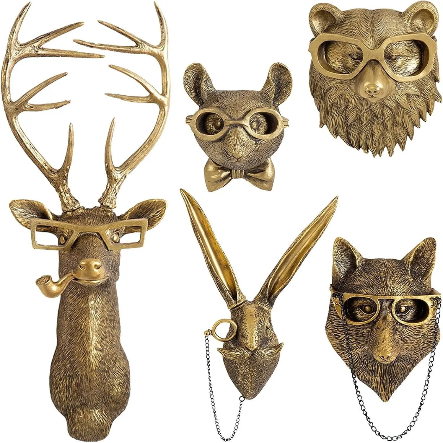 Animal Head Wall Decor Set, Resin Deer Head Mount for Living Room Bedroom Kitchen, Modern Wall Decor, Artificial Animal Head Hanging Decoration, Home Decorative Ornament, Animal Decorations