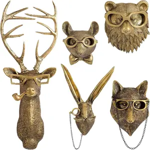 Animal Head Wall Decor Set, Resin Deer Head Mount for Living Room Bedroom Kitchen, Artificial Animal Head Hanging Decoration, Home Ornament