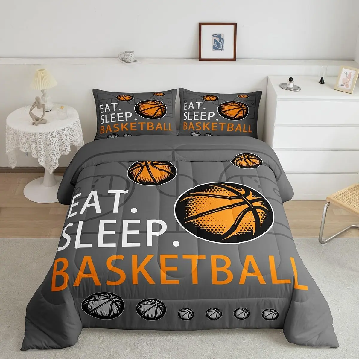 Feelyou Grey Basketball Themed Microfiber Comforter Set - 2Pcs Twin/King Size, Soft Breathable Blanket, Machine Washable Sports Decorative Bedding Quilt Set for Room Decor, Decorative Bedding Set