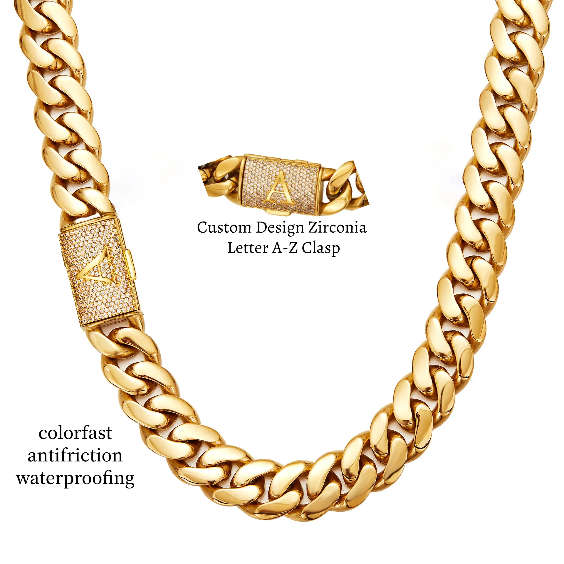 18K Gold Plated A–Z Alphabet Miami Cuban Chain Necklace with Custom Initial Engraved Flip Clasp 14mm Width Stainless Steel Solid Necklace for Mens Womens Waterproof No Tarnish for special occasions
