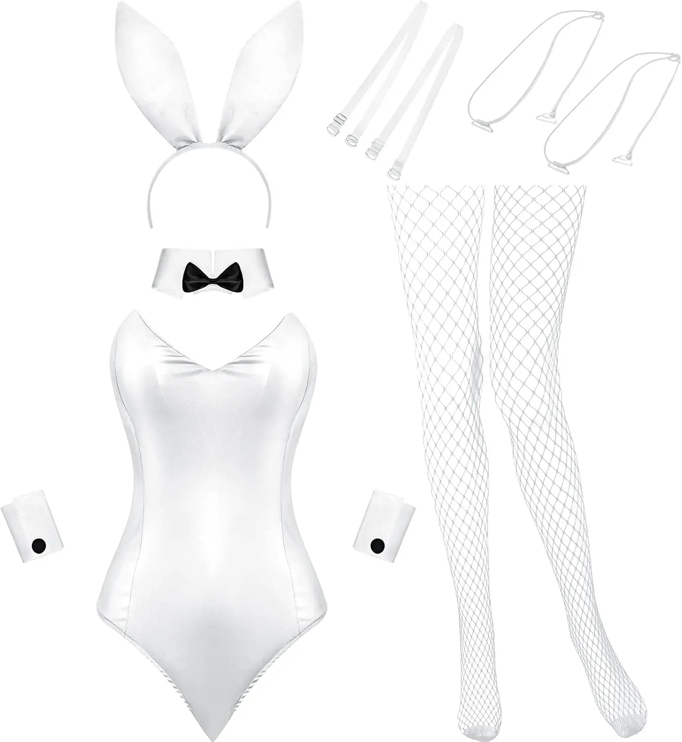 Geyoga Anime Women Bunny Costume Bunny Outfit Halloween Cosplay Bodysuit Role Costume Bunny Headband Stocking Set