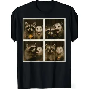 Funny Possum & Raccoon Photobooth Selfie Graphic T-Shirt - Retro Vintage Style Unisex Short Sleeve Tee with 4 Animal Selfies, 220gsm Heavyweight, All-Season Fit for Men & Women, Casual & Themed Events