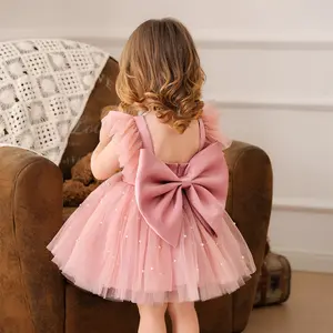 Princess Dress for 6M-3Y Baby Girl Pink Tulle Skirt Oversized Back Bow & Ruffled Flutter Sleeves, Perfect for Birthday Celebration,Ready Stock YT25603 Baby Girl Clothes Cute Pink Bow