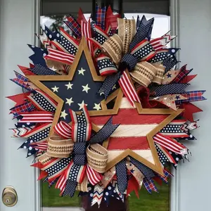 3D 4th of July Independence Day Wreaths, Summer Patriotic Front Door Wreath with Bow, Memorial Day Ribbon Wreath for Home Decor, Party Decoration, Stars, Stripe