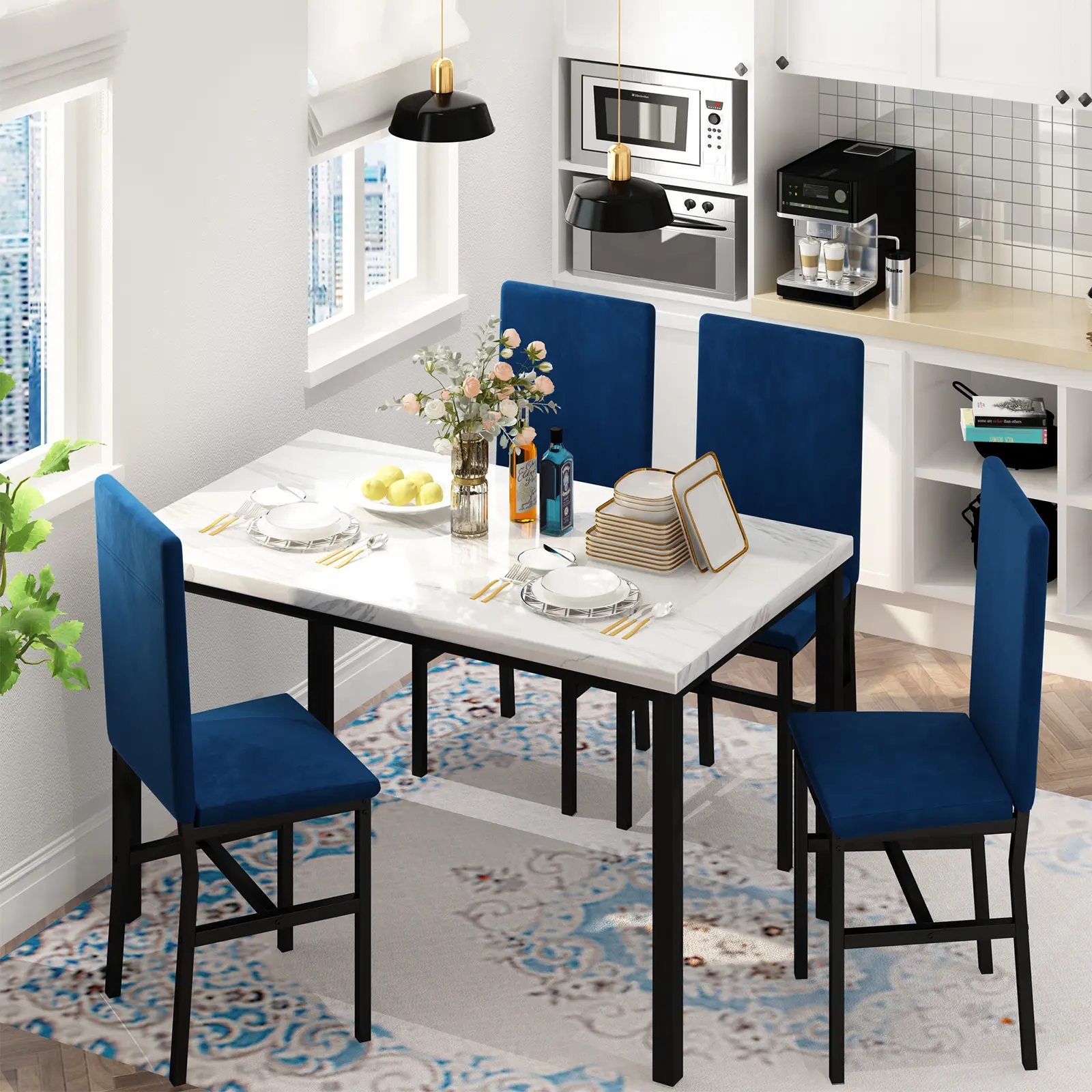 LinkRomat 5-Piece Modern Ergonomic Dining Table Set for 4, Faux Marble Top, Upholstered Velvet Chairs, Blue, for Small Spaces