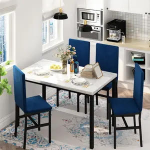 LinkRomat Modern Dining Table Set for 4 with Faux Marble Top & Upholstered Velvet Chairs 5-Piece Set for Small Spaces Blue Ergonomic
