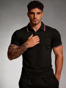Men's Slim Fit Short Sleeve Striped Polo Shirt, Classic Stripe Tipped Collar Pique Polo, Breathable Versatile Casual Collared Top for Golf, Business & Daily Wear