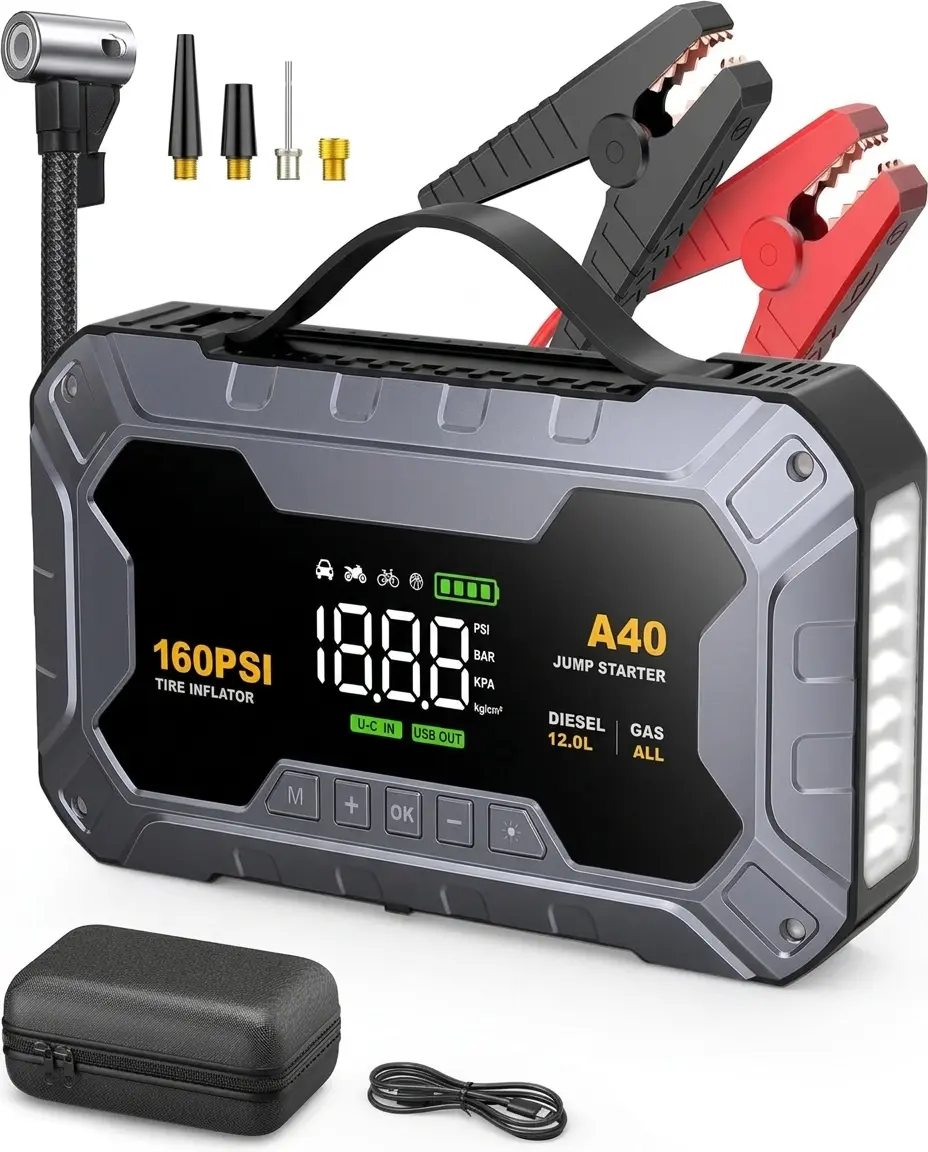 8000A 160PSI Jump Starter with Air Compressor， 12V Car Battery Jump Starter Power Bank(All Gas/12L Diesel), Car Starter with LED Flashlight, Force Start, Jump Pack with Jump Leads Smartphones Usb Protection Protection Button Portable Automatic Automatic o