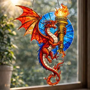 Dragon Torch Suncatcher Acrylic Window Hanging – Liberty Flame Stained Glass Style Dragon Ornament, Double-Sided Printed Home Decor Gift, America 250 Gift, America 250 Decor