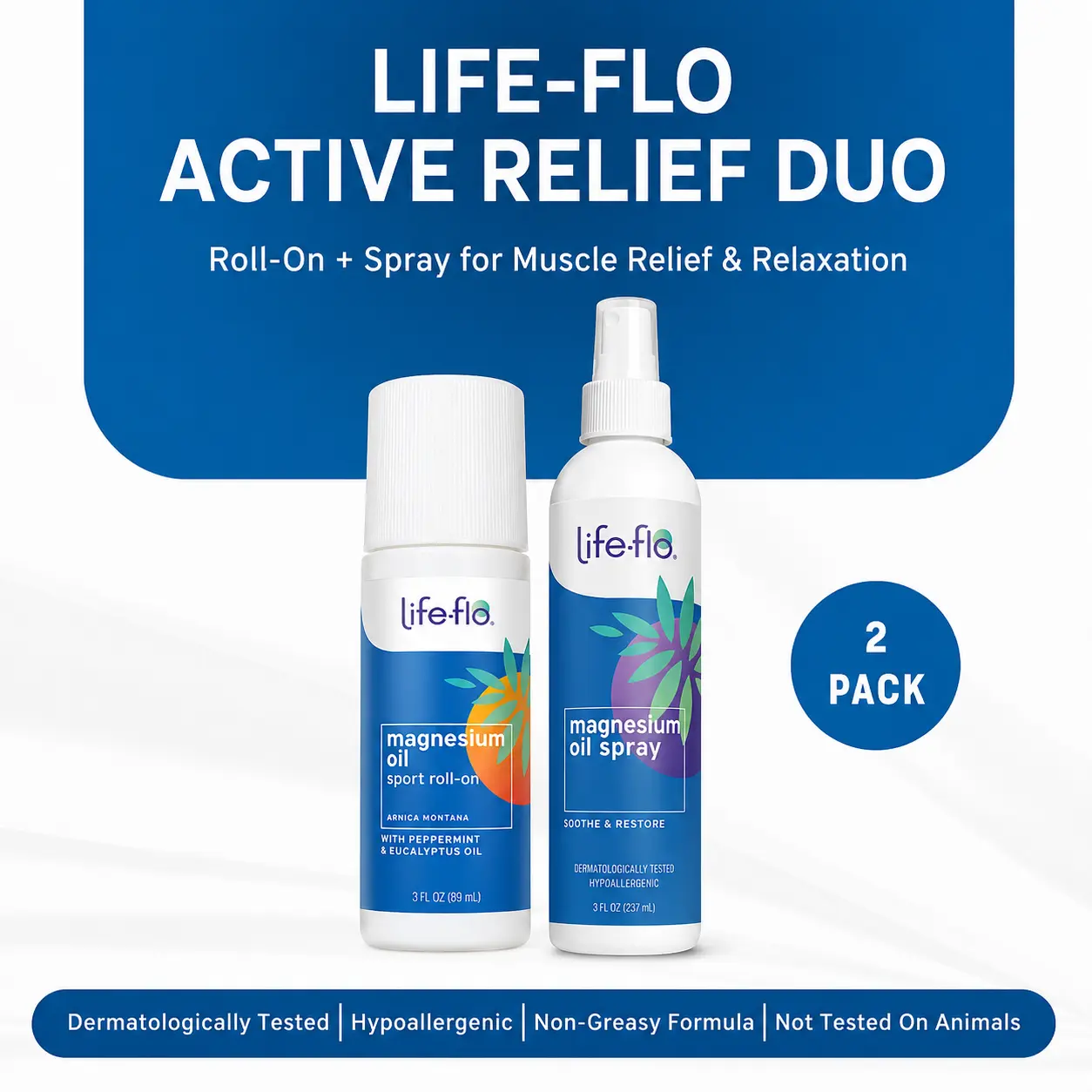 Life-flo Active Relief Duo — Pure Magnesium Oil Spray + Sport Roll-On — Daily Recovery Routine for Active Adults