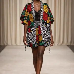 Traditional African Ankara Kimono and Short 2 Piece Set with Vibrant Floral Print and Elegant Design