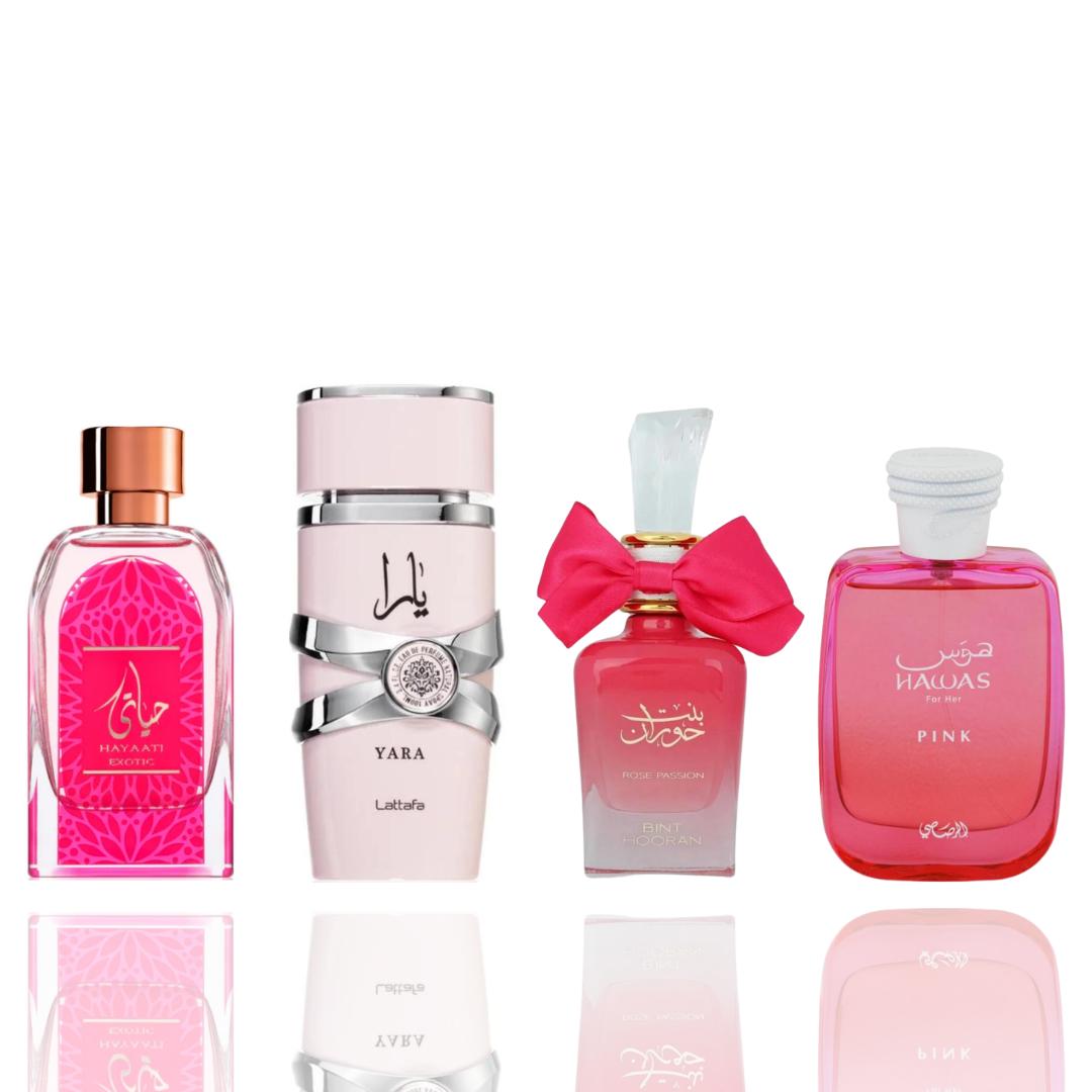 Hayaati Florence + Yara + Bint Hooran Rose Passion + Hawas Pink --- 4 piece bundle Floral Fusion Fragrance