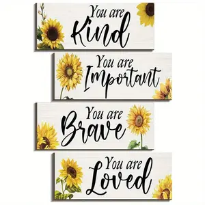 Sunflower Pattern Wooden Wall Decor, 1 Set Inspirational Quotes Wood Board Painting Decoration, Indoor Soft Decor Hanging Plaque, Room Decor, Signs