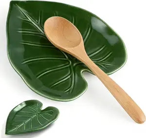 Leaf Shaped Ceramic Spoon Rest for Stove Top | Cute Green Spoon Holder for Kitchen Counter | Decorative Utensil Rest Kitchen Decor Gift