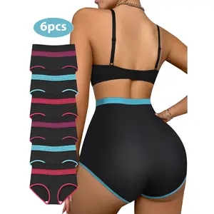 QUASTI 6 Pack High Waist Milk Silk Women’s Panties, Soft Stretch Letter Waistband Underwear, Contrast Color Seamless Briefs with Breathable Cotton Crotch, Tummy Control Hip Lifting Comfortable Daily Wear Panty, S-XXL