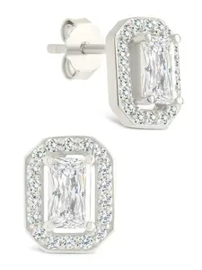 Sterling Silver Emerald Cut Brilliant Halo Studs
