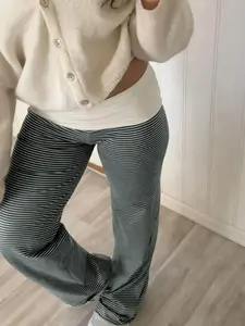 2026 Women's Striped Patchwork Flare Pants Low Waist Spring & Fall Casual Long Trousers, Comfortable Basic Bottoms for Daily Wear, Fitted, Autumn Vibes, Cold Weather, New In, Home Comfort, Minimalist Style