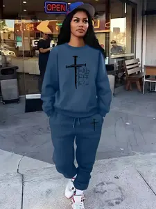 Cross Pattern print Women's 2 Piece Set Women's Casual Loose-Fit Sportswear Set, Sporty Round Neck Long Sleeve Pullover & Slim Fit Pants, Fall Winter, Athleisure Wear Set