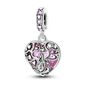 MULA Silver-Plated Filigree Hollow Tree of Life Heart Necklace Charm - Pink Resin Dangle Bead for Bracelets, Pregnant Mother Earth Themed Gift for New Moms (Baby Shower Push Present)