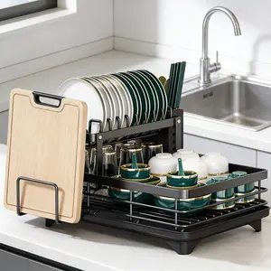 New 2-Tier Dish Drying Rack - Foldable Kitchen Countertop Drain Rack with Drying Board, Dish Hooks, and Cup Holders, Large Capacity Bowl, Plate, and Pot Storage Rack, Durable and Sturdy, Efficient Plate Drying System, Space-Saving Black and White